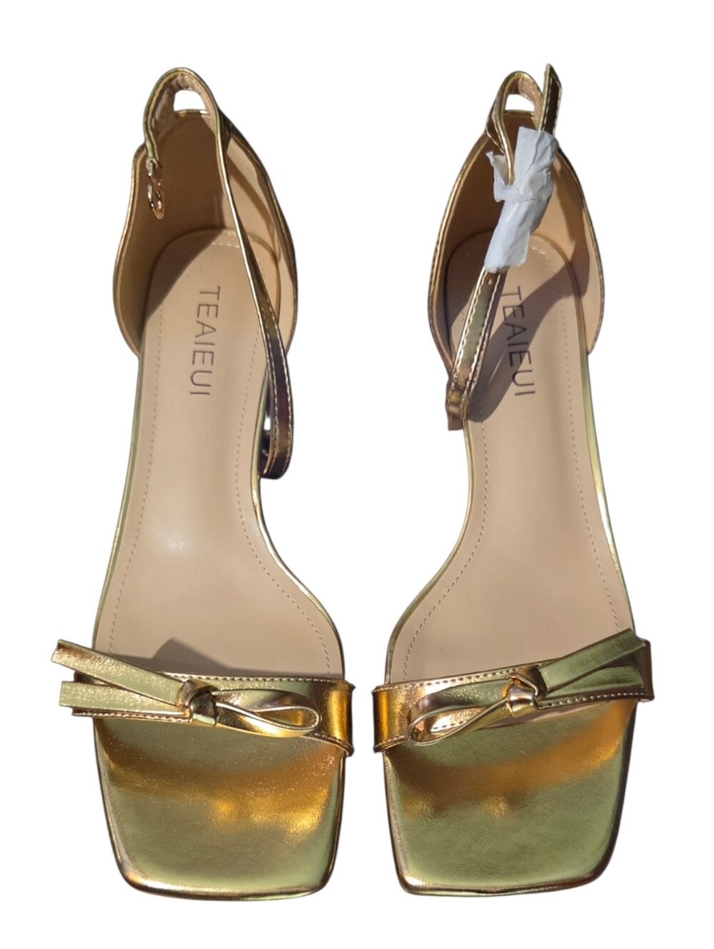 Teaieui Metallic Gold Block Mule Sandals Bow Square Toe Size 8.5 **